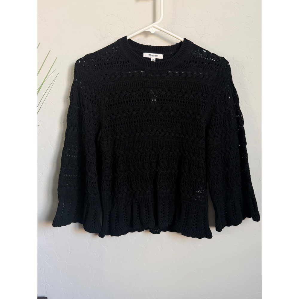 Madewell Black Crochet Pointelle Knit Sweater Crewneck Top NU548 XS NEW
